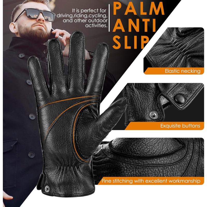 Kalapa Genuine Sheepskin Leather Gloves for Men, Winter Warm Touchscreen Driving Motorcycle Gloves with Cashmere Lined - Image 3